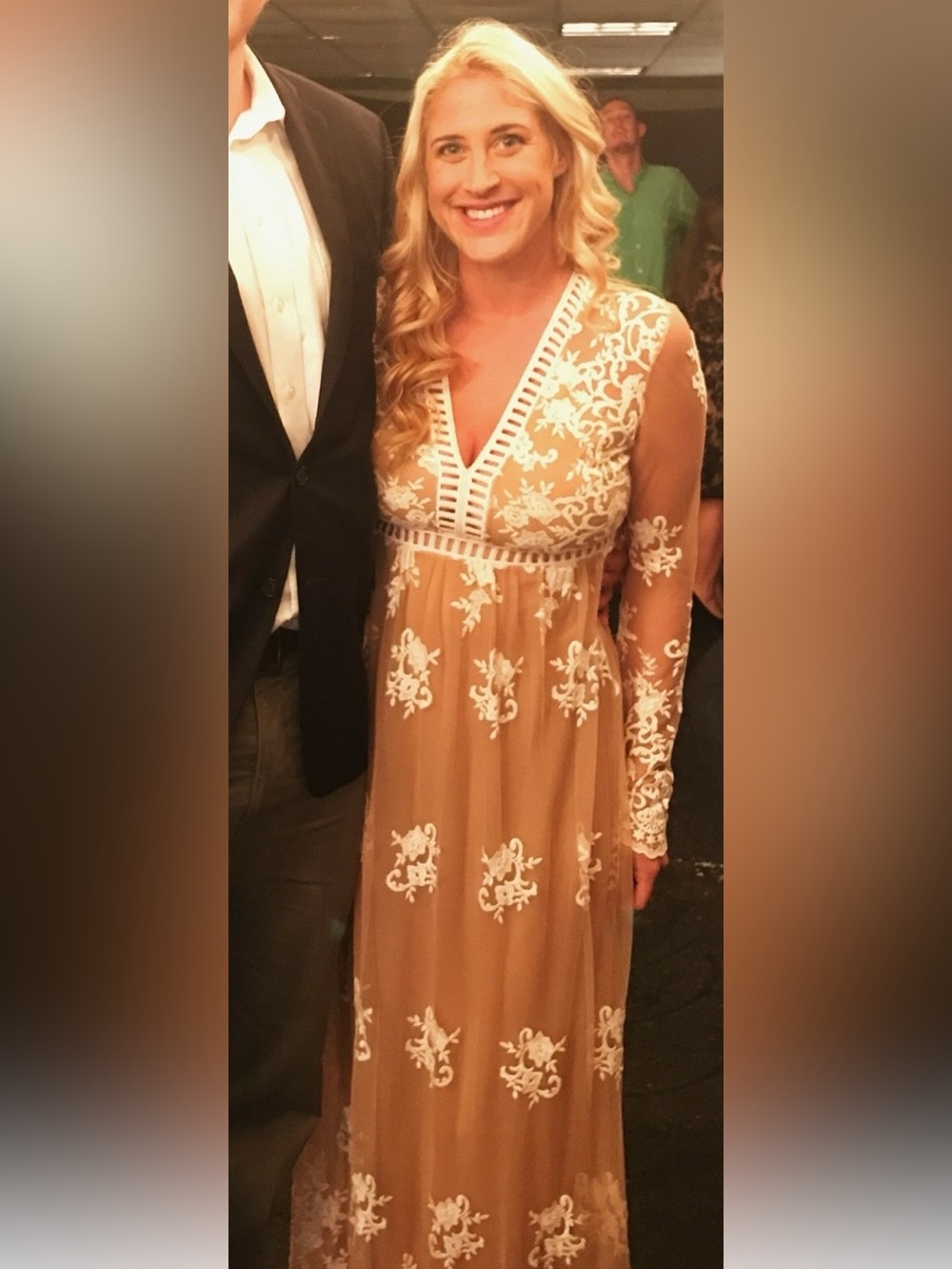Nude Beige Floral Embroidered Mesh Lace Long Sleeve Maxi Dress | M | - Picture 2 of 10